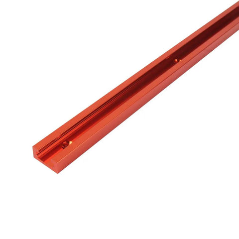 36 Inch Double Cut Universal T Track With Wood Screws 2 Pack For Drawer Cabinet And Workshop Projects Fits Standard Quarter And Five Sixteenth Inch T Slots Pre Drilled Holes For Easy Install Durable Aluminum. Close-up of orange aluminum T-track.