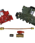 Marshall propane regulator kit with 2 red/green regulators, 1/2 in outlet, copper line and brass fittings