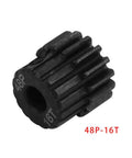 Close-up of 16T black steel pinion gear from 48P 3.175mm Black Steel Pinion Gear Set For RC Cars One Eighth And One Tenth Scale 13T Through 23T 32DP 0.8 Module Durable Metal Pinion Compatible With HPI Kyosho Losi Axial Tamiya Monster Truck And Buggy.
