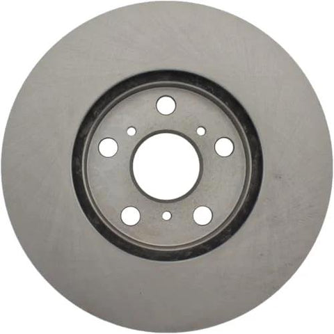 Front brake rotor with five-lug bolt pattern and central bore; metallic silver finish.