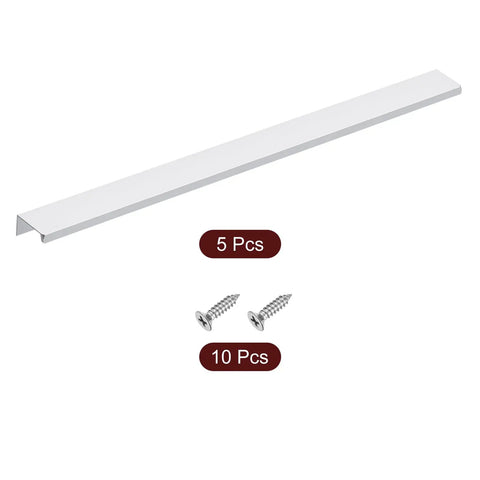 Five Pack Edge Mount Cabinet Pulls, Fifteen Point Seven Five Inch Long Aluminum Alloy Hidden Back Mount Finger Pulls for Kitchen Cabinets and Drawers, Concealed Handle, Silver, with screws.