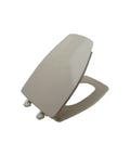 Rochelle Toilet Seat Mexican Sand Finish, No-Fuss Replacement for Rochelle Toilets, shown partially open, soft-close hinges visible
