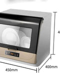 Plug And Play Compact Countertop Dishwasher With Dual Intelligent Drying showing dimensions 450mm x 400mm x 440mm with visible dishes inside.