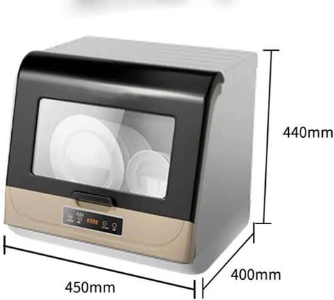 Plug And Play Compact Countertop Dishwasher With Dual Intelligent Drying showing dimensions 450mm x 400mm x 440mm with visible dishes inside.