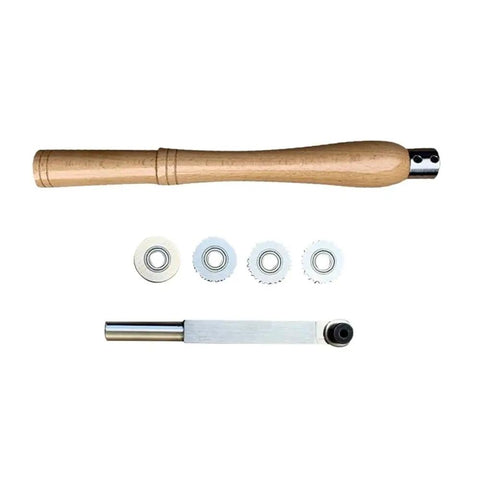 Pro Top Shelf HSS Wood Groove Cutter Kit With Rock Solid 304 Stainless Steel Shank For Precision Lathe Turning Heavy Duty Woodcarving And Sharp Texture Engraving Brown, featuring wooden handle and multiple cutters.