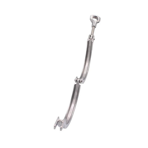 Angled side view of stainless steel sanitary clamp, single-pin tri-clamp Clover for 4" tube OD.