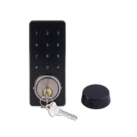 Heavy Duty Smart Door Lock With Smooth Touch Screen Keypad And Plug And Play Keyless Entry Kit featuring a silver key and black finish.