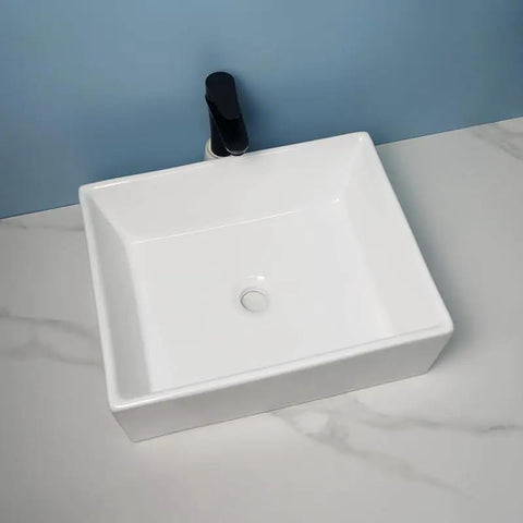 USZWBY Vessel Sinks Modern Minimalist Home Balcony Ceramic Wash Basin Bathroom Square Flat Bottom Countertop Bathroom Bowl Sink top view on marble surface.