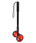 Ace At Garden Layouts With Compact Four Inch Mini Measuring Wheels For Walk Off Distances On Fence Lines with black handle and red wheels.