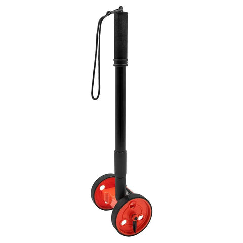 Ace At Garden Layouts With Compact Four Inch Mini Measuring Wheels For Walk Off Distances On Fence Lines with black handle and red wheels.