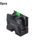 Totally No Fuss 10 Pack Push Button Switch Contact Blocks With Screw Clamp Terminals For Momentary Control Panels Normally Open And Closed Quick Hookup, close-up view of black switch block with green actuator.