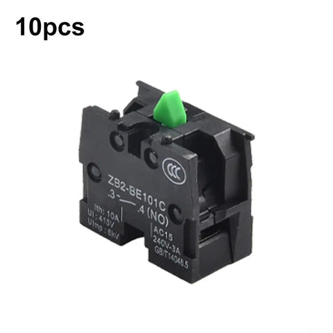 Totally No Fuss 10 Pack Push Button Switch Contact Blocks With Screw Clamp Terminals For Momentary Control Panels Normally Open And Closed Quick Hookup, close-up view of black switch block with green actuator.
