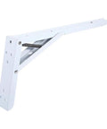 Two Pack Heavy Duty Steel Folding Shelf Brackets Wall Mounted White With Spring Loaded Design, shown folded.