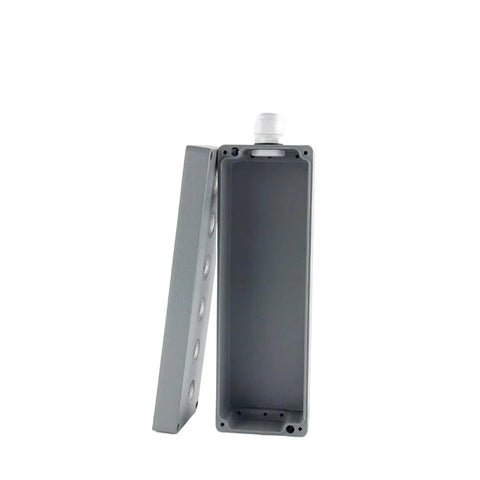 CAARLA aluminum push-button control station box, gray, open-lid with white top button, 6-hole IP67 enclosure