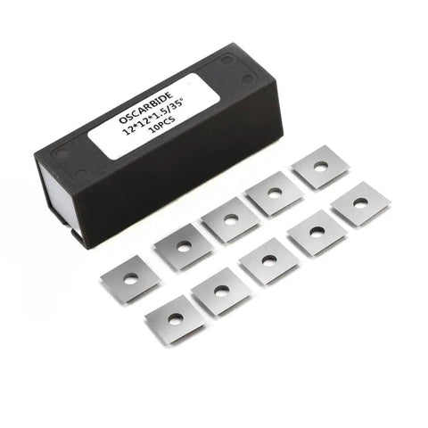 12mm Square Carbide Inserts 4 Edges 35 Degree Cutting Angle For CNC Spoilboard Surfacing Router Bits Tungsten Carbide Replacement Cutter For Wood Turning Tools 12x12x1.5mm Pack Of 10 shown with packaging.