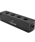 Aluminum Rectangle Pencil Pneumatic Manifold With One Inlet To Four Outlets Three Eighths NPT Inlet And One Quarter NPT Outlets Black Anodized