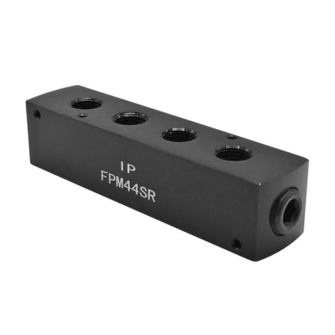Aluminum Rectangle Pencil Pneumatic Manifold With One Inlet To Four Outlets Three Eighths NPT Inlet And One Quarter NPT Outlets Black Anodized