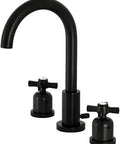 Millennium Widespread Bathroom Faucet With Pop Up Drain Matte Black Finish, modern brass design with adjustable spread.