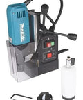 Makita HB350 1-3/8-in magnetic drill with blue motor, base magnet, coolant bottle, and wrenches