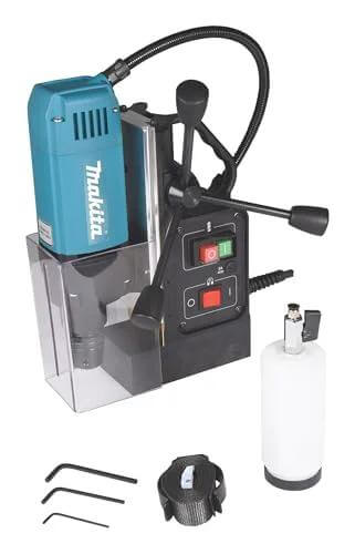 Makita HB350 1-3/8-in magnetic drill with blue motor, base magnet, coolant bottle, and wrenches