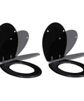 Top Tier Soft Close Toilet Seat Drop Down Lid In Sleek Matte Black Sturdy Mdf Panel Zero Slam Motion showing two seats set.