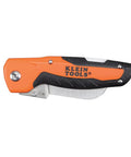 Folded Electricians Utility Knife With Hawkbill Blade For Cable Skinning, Ergonomic Rubber-Grip Handle, Klein Tools logo visible