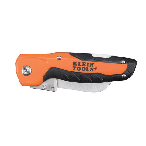 Folded Electricians Utility Knife With Hawkbill Blade For Cable Skinning, Ergonomic Rubber-Grip Handle, Klein Tools logo visible