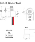 Technical diagram of Compact LED Dimmer Knob With Rotary Control For 12-24V LEDs, showing dimensions and components.