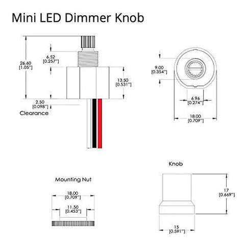 Technical diagram of Compact LED Dimmer Knob With Rotary Control For 12-24V LEDs, showing dimensions and components.