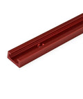 Close-up of red aluminum alloy T slot track for woodworking, showing 300mm length guide rail for precise miter cuts