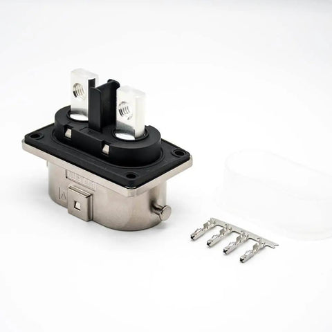 Heavy Duty EV High Voltage Connector Plug N Play Two Pin Socket With M6 Holes, metal housing, includes pins.