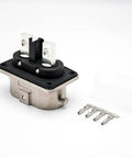 Heavy Duty EV High Voltage Connector Plug N Play Two Pin Socket With M6 Holes seen from the side with metal terminals and protective cover.