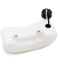 Gas Tank With Cap For 43cc To 55cc Garden Tools And Rides, 1.5 Liter, bottom-mount, white plastic, angled view.