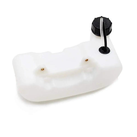 Gas Tank With Cap For 43cc To 55cc Garden Tools And Rides, 1.5 Liter, bottom-mount, white plastic, angled view.