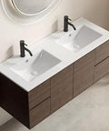 HAOCHRYSYPH Double Bowl Ceramic Sink, Milk White, 47.64 x 18.12 x 6.7 in. mounted on modern vanity with dark wooden finish.