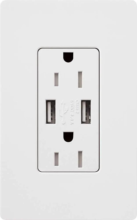 Claro 15 Amp USB Duplex Outlet With Tamper Resistant Receptacle And Dual USB Ports 125V US Wallbox Ganging White Finish