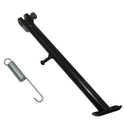 10-Inch Wheel Side Stand For Z50 Z50A Z50J Z50R Mini Trail Monkey Bike Black Durable Alloy Kickstand Upgrade For Trail And Street Ride, Easy Install, Sturdy Mount For Small Motorcycles And Mini Bikes shown in black metal with spring attachment