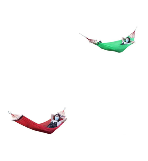 Green and red outdoor hammock and camping gear set for kick back lazy days featuring Ice Silk comfort breathable fabric easy setup versatile styles