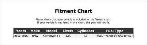 Fitment chart for Top Notch Battery Current Sensor Connector Replacement For Bmw Active Hybrid 5 2012 To 2016.