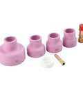 Top Tier 7 Piece Tig Welding Torch Accessory Kit With Stubby Gas Lens Adapter For Wp17 Wp18 And Wp26 Torches, includes four ceramic cups, lens gasket, and a gas fitting.