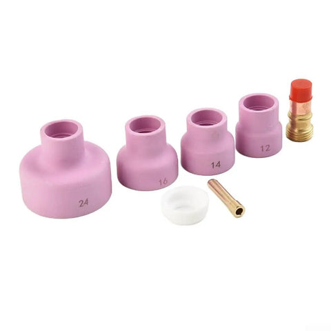 Top Tier 7 Piece Tig Welding Torch Accessory Kit With Stubby Gas Lens Adapter For Wp17 Wp18 And Wp26 Torches, includes four ceramic cups, lens gasket, and a gas fitting.