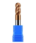Front view of 1/4in carbide ball-nose end mill, 4-flute, TiSiN coated, blue shank
