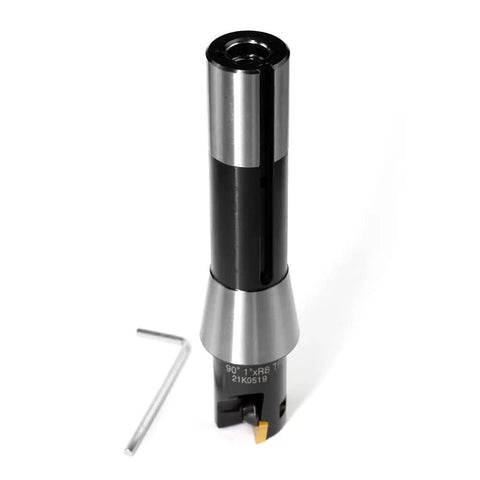 Beefy Indexable End Mill With R8 Shank One Inch Cutting Diameter And Five And Nine Sixteenths Inch Length Built For Smooth Milling Tin Coated TPG22 Inserts Two Flutes Includes Two TPCN1103PDTR Inserts For Metalworking