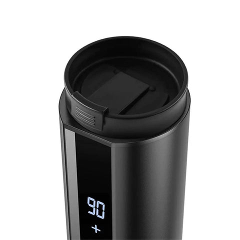 Ride Ready Smart Temp Control Car Mug, 12V Electric Heating Cup For Coffee And Tea, digital display showing temperature at 90 degrees.
