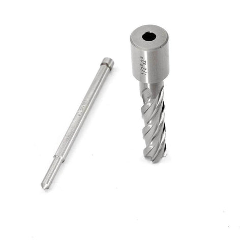Front view of two-piece annular cutter kit with Weldon shank and long flat-shank HSS bit for magnetic drill press.