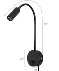 Plug In LED Reading Lamp Wall Sconce 3W Warm White 3000K Bead Lens Soft Light Flexible Gooseneck Black Finish with dimensions