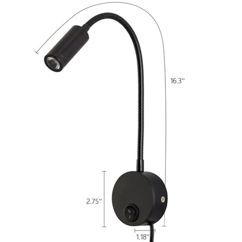 Plug In LED Reading Lamp Wall Sconce 3W Warm White 3000K Bead Lens Soft Light Flexible Gooseneck Black Finish with dimensions