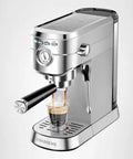 Side view of Compact 20 Bar Espresso Machine With Steam Milk Frother For Home Barista Vibes Stainless Steel Coffee Maker brewing espresso.