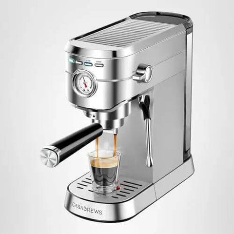 Side view of Compact 20 Bar Espresso Machine With Steam Milk Frother For Home Barista Vibes Stainless Steel Coffee Maker brewing espresso.