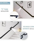 Premium Black Metal Stair Handrail With Heavy Duty Wrought Iron Brackets For Indoor And Outdoor Use Rock Solid Safety Railing with T and rounded corner installation.